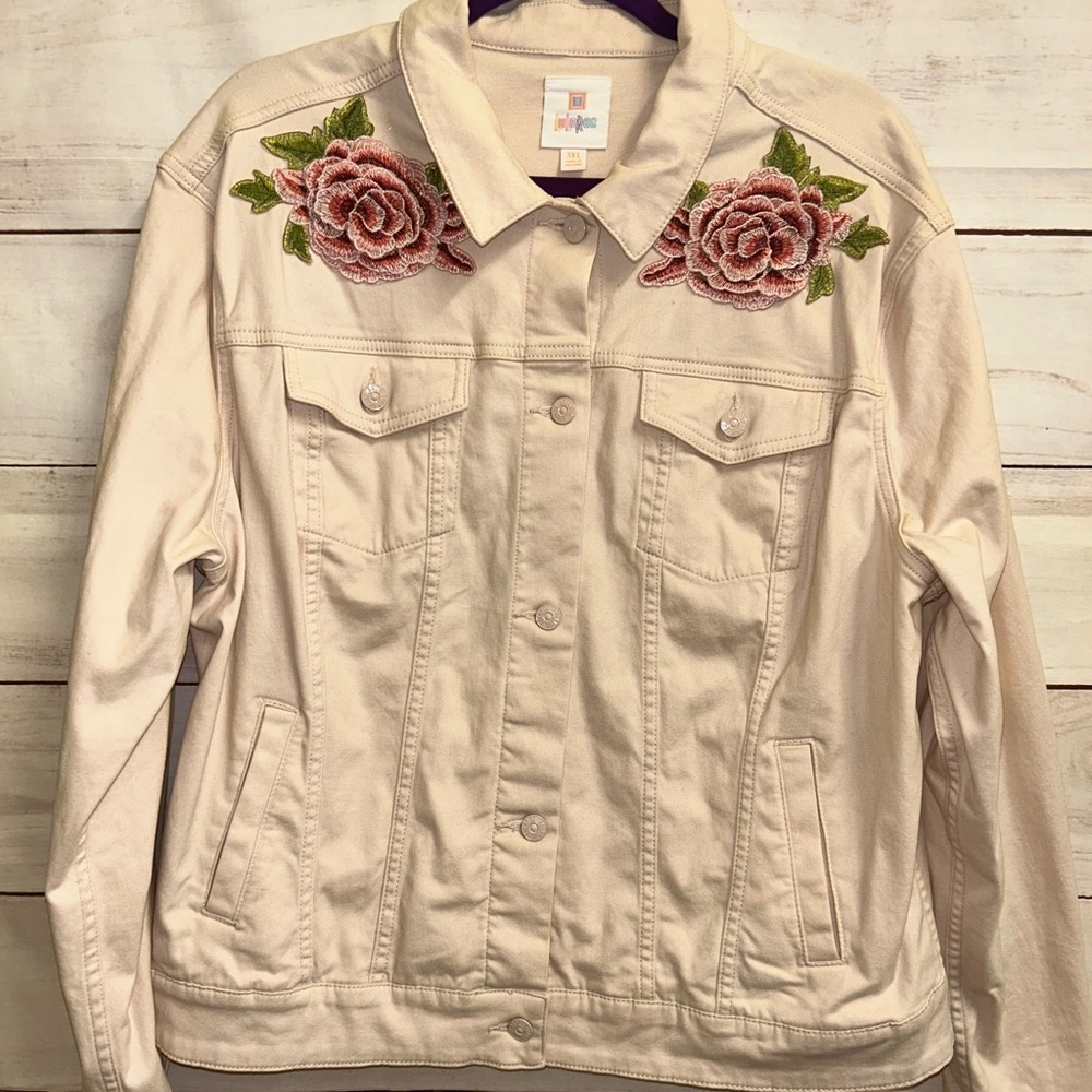 LuLaRoe Cream Denim Jacket with Pink Rose Embroidery